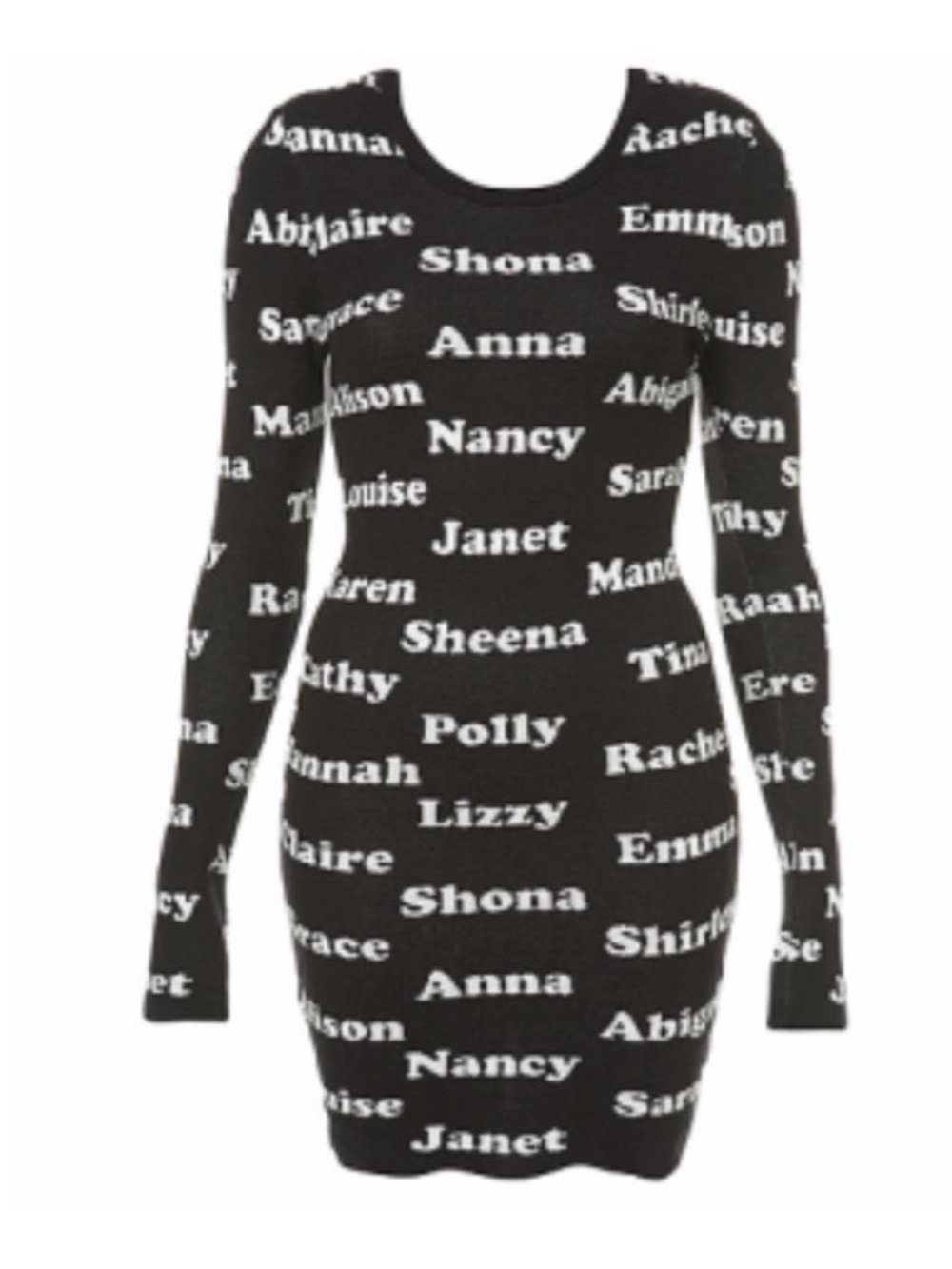 Emma Cook x Top Shop 1990’s Black and White Name-Print Long Sleeve Bodycon Dress